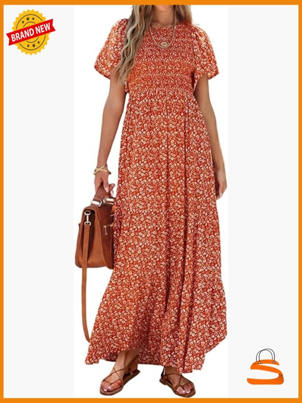 Flutter Short Sleeve Smocked Tiered Maxi Dress Boho Floral Casual Summer - Picture 1 of 7